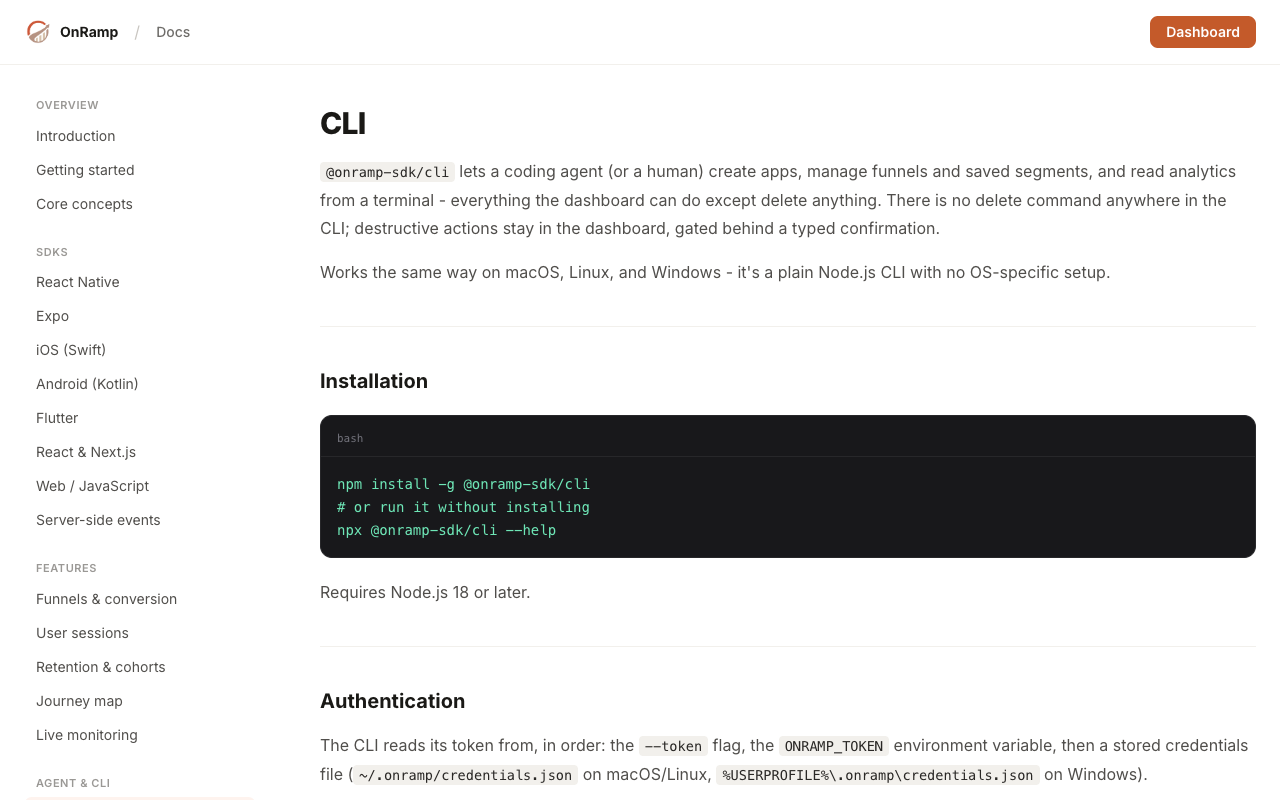 OnRamp CLI documentation with installation and authentication commands