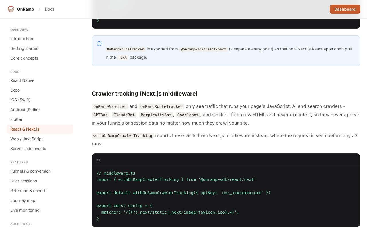 Next.js crawler tracking documentation for AI and search crawlers