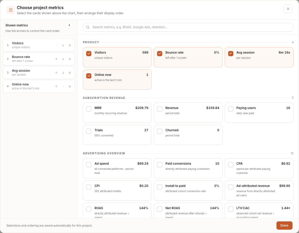 Metric picker organised into product, subscription revenue, and advertising categories