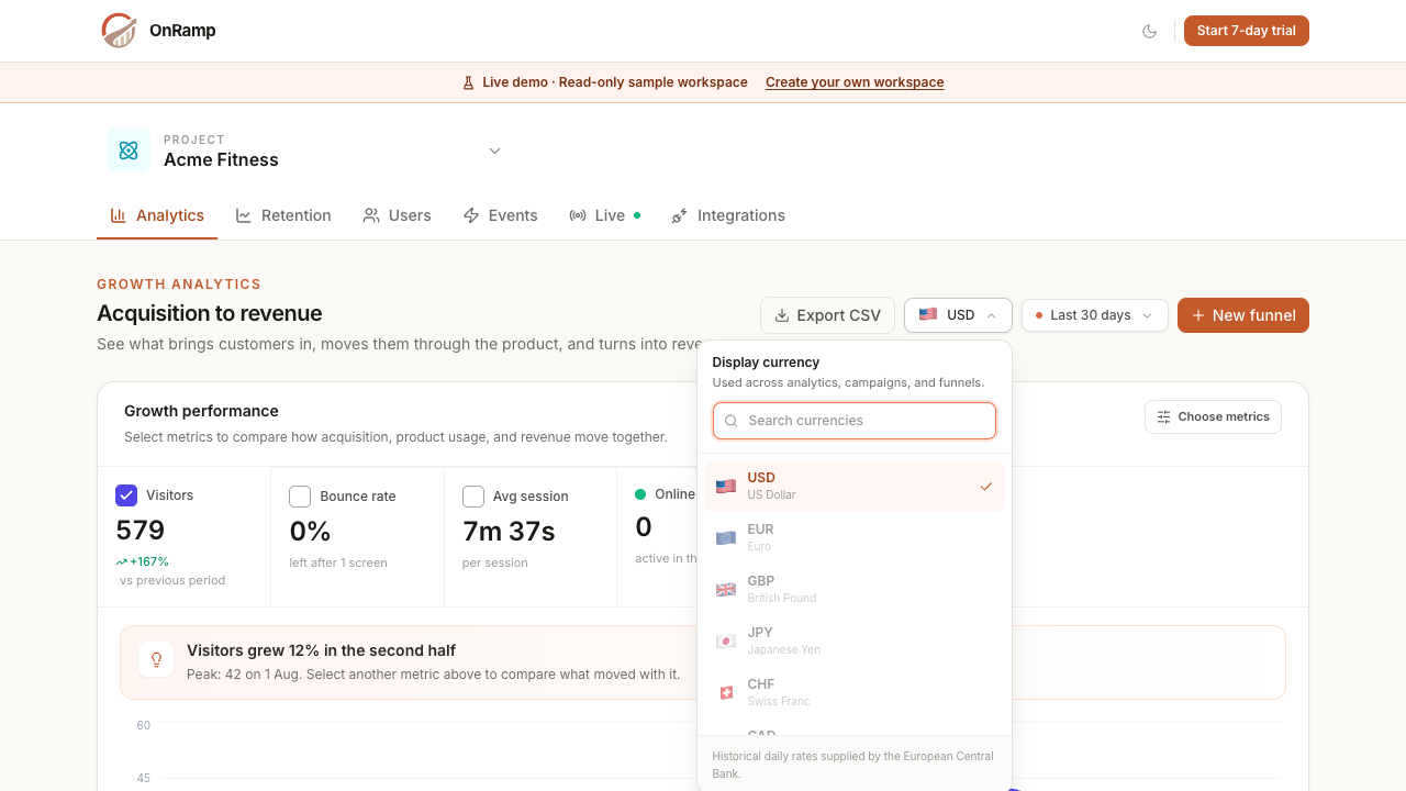 Analytics display currency menu beside the project date range