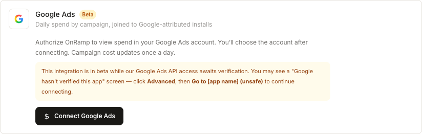 Google Ads connection card for importing daily campaign spend