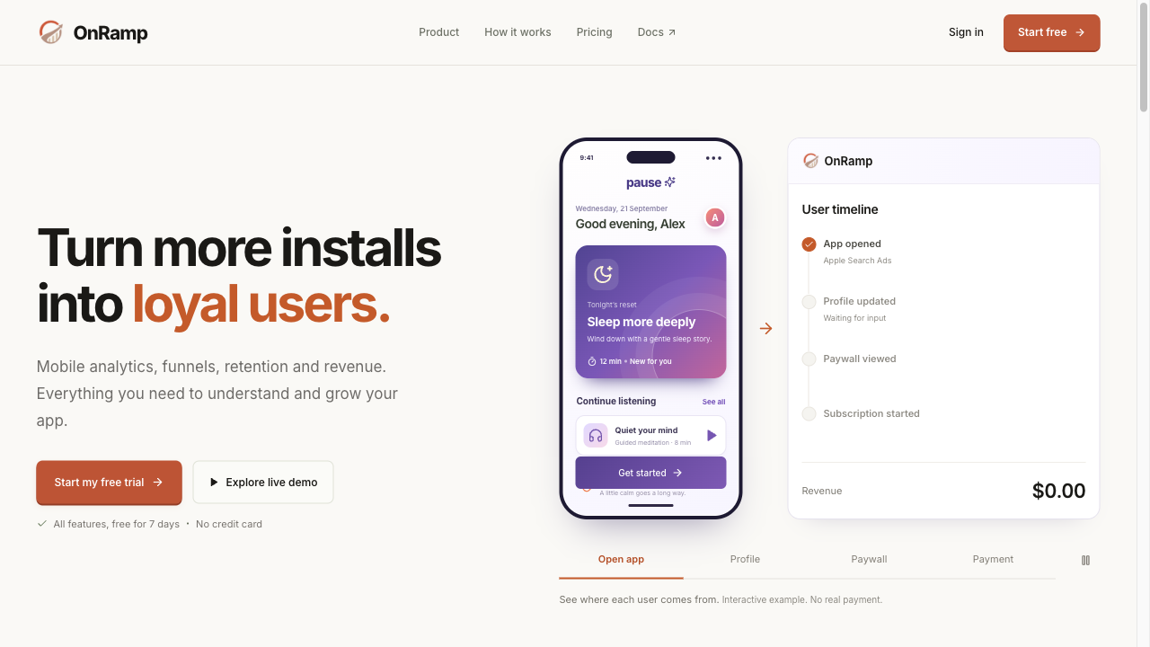 OnRamp homepage showing the interactive mobile journey preview